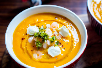 Sweet Potato Soup with Carrot, Pumpkin, Shrimps, Feta Cheese, Parsley and Red Pepper