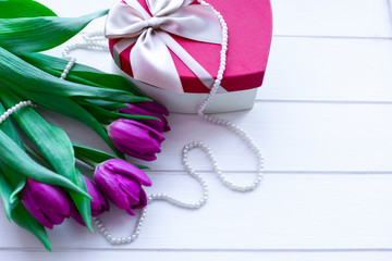 bouquet of pink tulips and gift box. Valentine's day