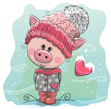 Cute Cartoon Pig in a knitted cap