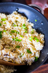 Mushroom Risotto in Iron Pan with Herbs and Parmesan Cheese, Top View