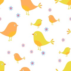 Seamless pattern of birds and flowers on a white background.