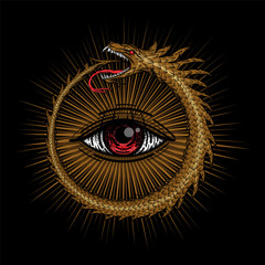 Vector Egyptian symbol uroboros. Snake in the form of a ring biting itself by the tail on a black background