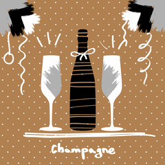 Holiday greeting postcard with champagne glasses and bottle in modern simple style