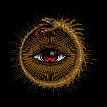 Vector Egyptian symbol uroboros. Snake in the form of a ring biting itself by the tail on a black background