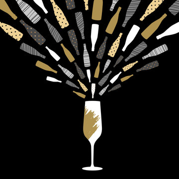 Vector illustration of champagne glass with splash. Greeting card, postcard art design.