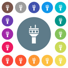 Air control tower flat white icons on round color backgrounds