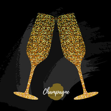 Champagne glass vector icon. Golden sparkle champagne glasses on black background