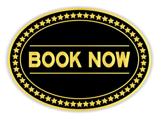 Gold and black color oval sticker with word book now on white background