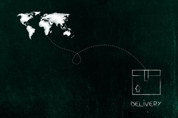 world map with route line and delivery box