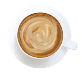 Hot coffee latte cappuccino spiral foam in ceramic cup top view isolated on white background, clipping path included