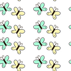 Obraz premium Vector seamless pattern with hand drawn butterflies. Background for baby shop, store, market, kids centre, kindergarten. Backdrop for banner, decoration, wallpaper. EPS10.