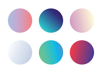 Set of soft holographic chameleon palette of shimmering colors. Gradient splash shapes. Modern neon circle elements.
