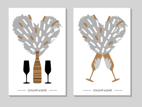 Holiday greeting postcard with champagne glasses and bottle in modern simple style