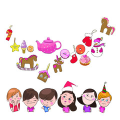 Set of colored Christmas and New Year’s drawings, in vector, children's characters, Christmas decorations, toys