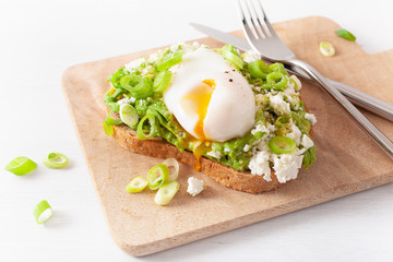 breakfast avocado sandwich with poached egg and feta cheese