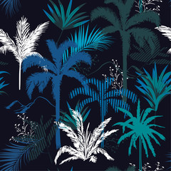 Dark tropical forest night  leaves and tress  hand drawn style seamless pattern vector for fashion fabric , wallpaper, and all prints