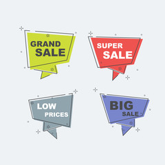 Flat linear promotion ribbon banner, discount, sale, scroll, price tag, sticker, badge, poster.