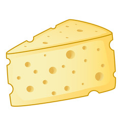 A piece of hard cheese. Pictured is a triangular piece of cheese with small and large holes grin. A gradient of yellow color makes it look fresh and appetizing.