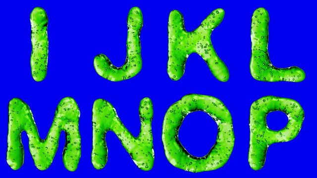 Alphabet from green water isolated on a blue background.