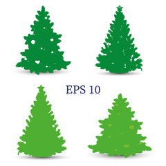 Set of Christmas trees, green silhouette on white background,