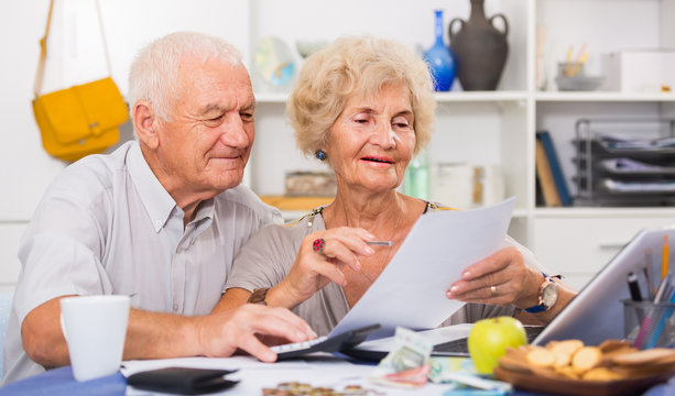Happy senior spouses with bills and laptop