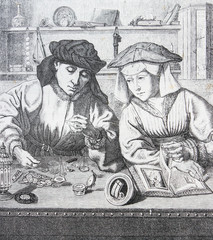 The Banker and his wife by Quentin Matsys engraved in a vintage book History of Painters, author...