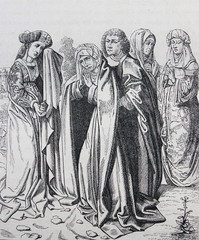 Fototapeta na wymiar The four Maries return from the grave of Christ by Jean Gossart engraved in a vintage book History of Painters, author Jules Benouard, 1864, Paris