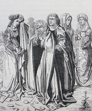 The four Maries return from the grave of Christ by Jean Gossart engraved in a vintage book History of Painters, author Jules Benouard, 1864, Paris