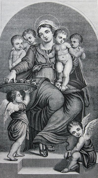 The Saint Virgin and a child Jesus by Frans Floris engraved in a vintage book History of Painters, author Jules Benouard, 1864, Paris