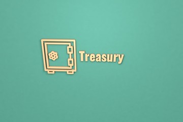 Text Treasury with orange 3D illustration and blue-green background