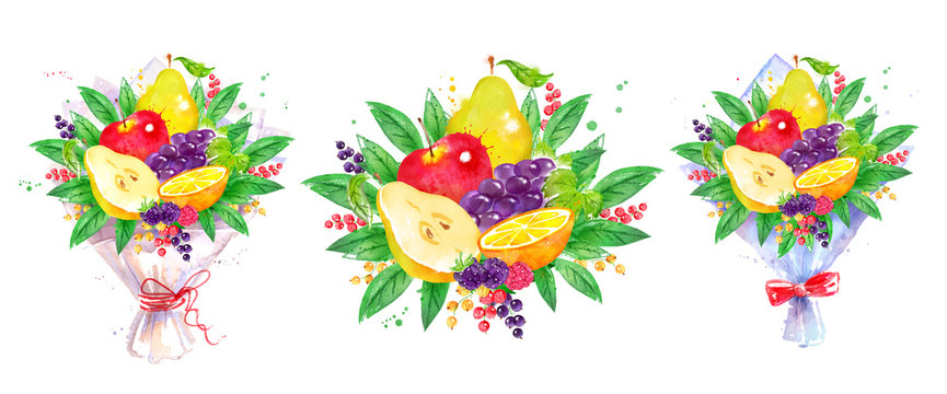 Watercolor illustration set of fresh fruit Bouquet