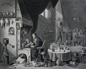 Chemist by David Teniers engraved in a vintage book Picture Galleries of Europe, edition of M.S....