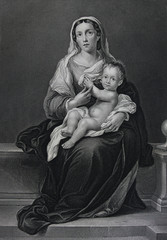 Madonna and child by Bartolomé Esteban Murillo engraved in a vintage book Picture Galleries of...