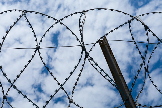 barbed wire on blue sky background