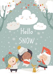 Cartoon happy children enjoying the snow. Hello snow