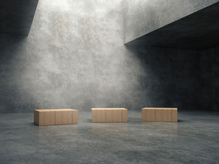 Wooden pedestal for display,Platform for design,Blank product stand with cement room.3D rendering.