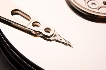 Closeup and macro view of hard drive inside