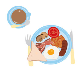 Full English breakfastandand cup of tea - isolated vector illustration 