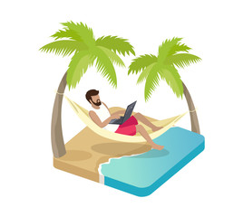 Obraz na płótnie Canvas Person working on vacation cartoon vector icon