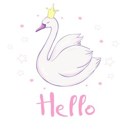 cute lovely princess swan on pink background vector illustration