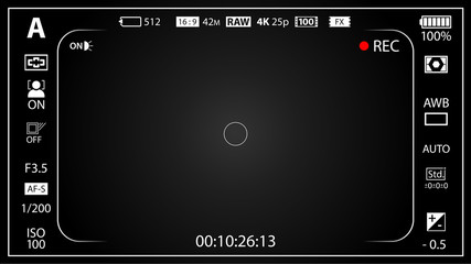 Black modern digital camera viewfinder template with vignetting effect. Black viewfinder mirrorless, DSLR or cameraphone camera recording. Vector illustration