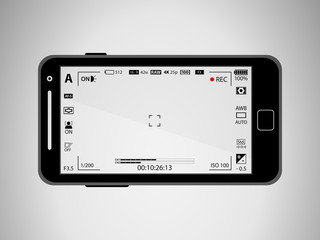 Flat black modern mobile camera phone with focusing screen with settings isolated. Camera recording. Vector illustration