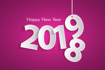 Pink Happy New Year 2019 concept with paper cuted white numbers on ropes. Vector illustration