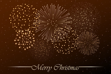 Firework show on golden night sky background. Christmas concept. Congratulations or invitation card background. Vector illustration