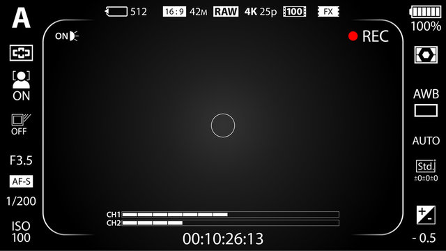 Black modern digital camera viewfinder template with vignetting effect. Black viewfinder mirrorless, DSLR or cameraphone camera recording. Vector illustration