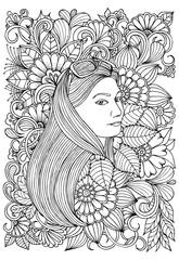 Page for coloring book. Girl and  flowers. Doodles in black and white