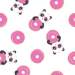 Seamless Vector Pattern: panda bear pattern on light blue background. Small pandas with different gestures. © Vladimir