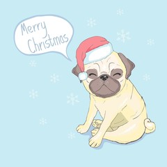 Cute puppy in a New Year hat and scarf. Vector illustration. Pedigree dog. Santa Claus. New Year's and Christmas.