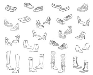 Women shoes collection, vector sketch illustration