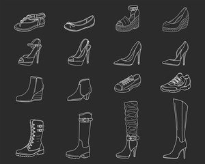 Women shoes collection, vector sketch illustration.